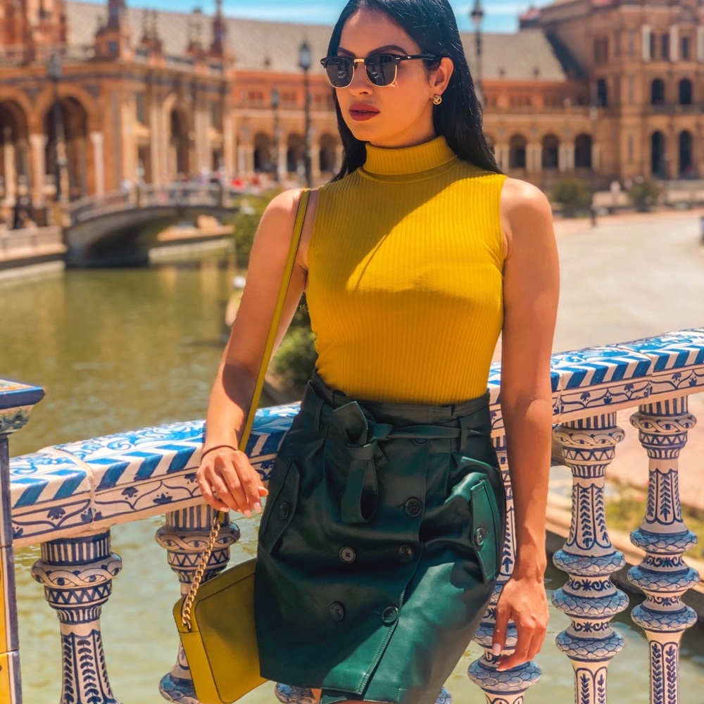 Green faux leather skirt.